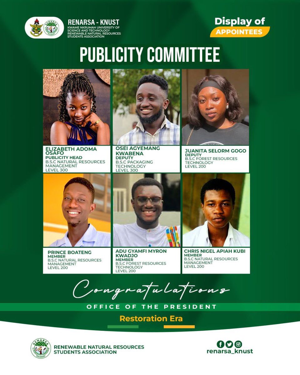 Renarsa_Knust's tweet photo. The executive committee is elated to introduce to you the appointees who are going to steer the affairs of the Publicity Committee for the Wisdom-Yung led Administration.
𝗖𝗼𝗻𝗴𝗿𝗮𝘁𝘂𝗹𝗮𝘁𝗶𝗼𝗻𝘀,𝘀𝗲𝗿𝘃𝗲 𝘄𝗲𝗹𝗹🥳🥳🥳🥳
#RestorationEra https://t.co/yAhbeJyQ7Y