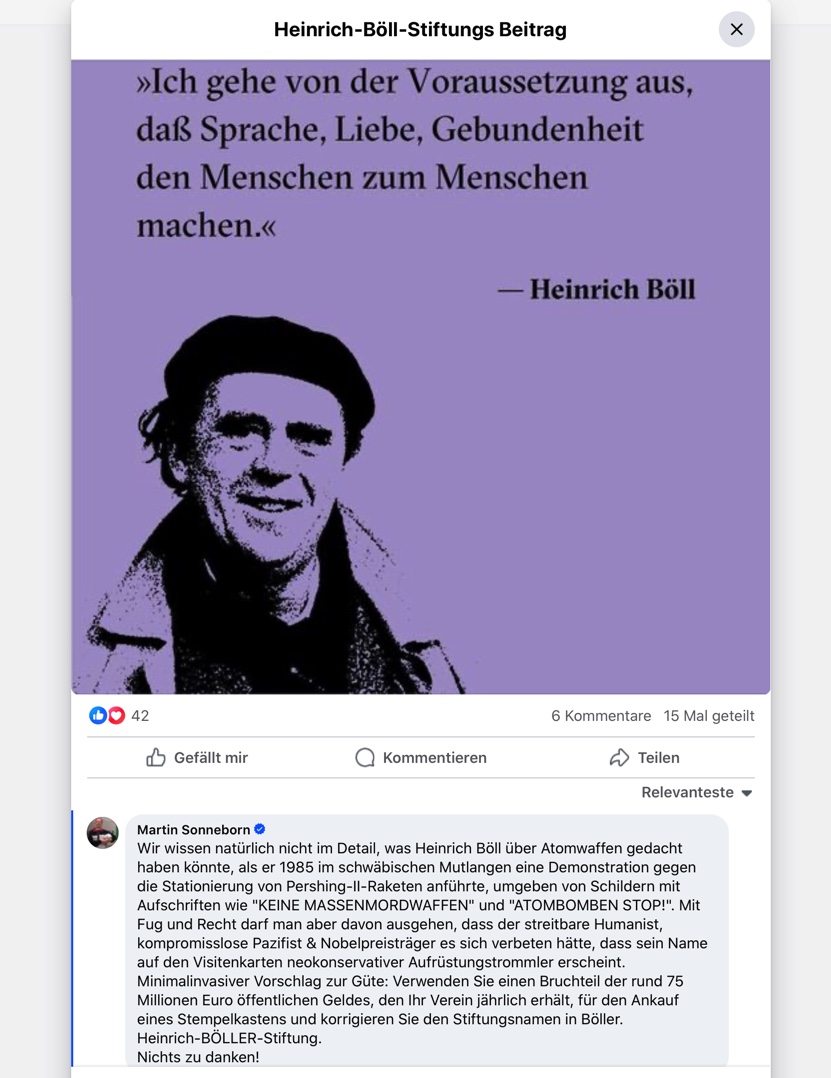 Der Heinrich-Böller-Stiftung habe ich es gerade mal en passant ordentlich besorgt... Smiley! Wir wollen nicht vergessen, dass Die PARTEI schon vor der EU-Wahl 2019 den Bau einer deutschen Atombombe gefordert hat ('...einfach damit wir die ersten sind, die das fordern...') - also…