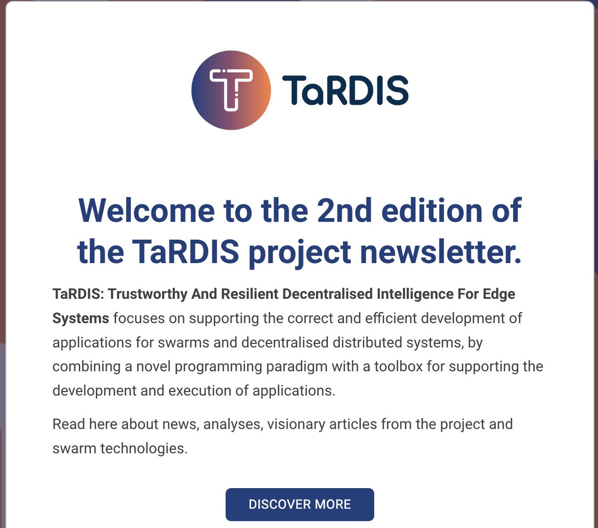 🥁 📖Read of the week!  

💡Our next e-Newsletter is published! Sit back and read the activities and achievements of the TaRDIS project!

✅ DOWNLOAD your copy here: preview.mailerlite.io/preview/288841…

Subscribe here: project-tardis.eu/subscribe/

#cloud #edge #swarmcomputing