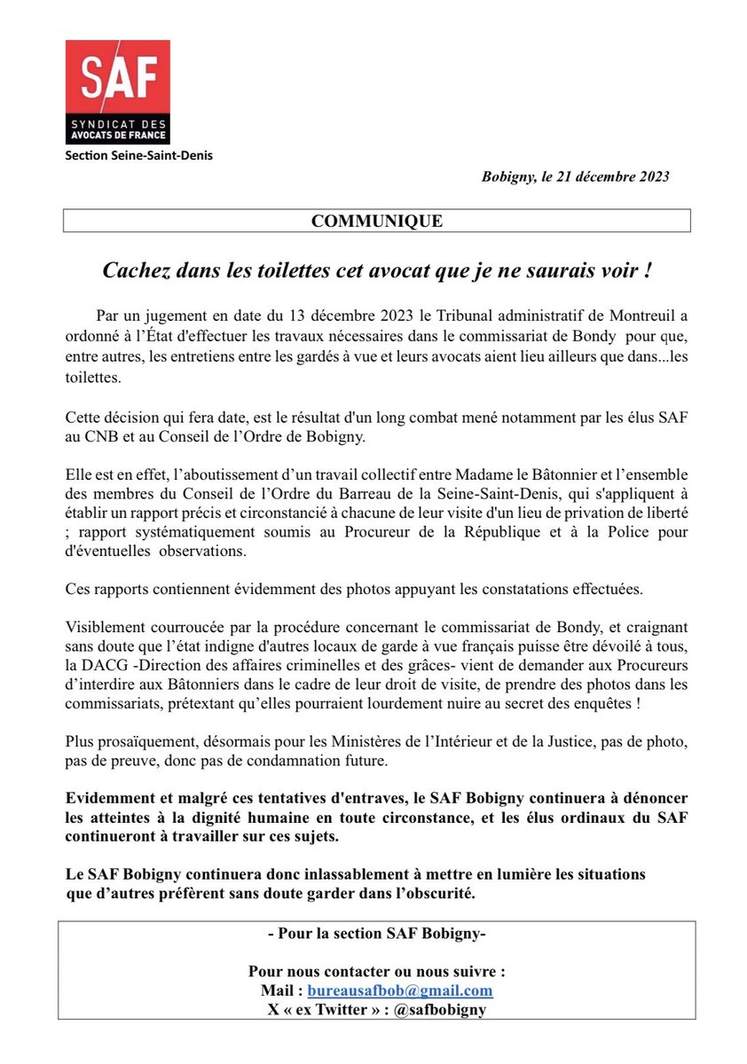 On dirait que les photos prises dans le cadre des visites du Bâtonnier dans les commissariats dérangent en haute sphère. Le SAF BOBIGNY continuera inlassablement à mettre en lumière les situations que d'autres préfèrent garder dans l'obscurité. #Dignité #OnLâcheRien