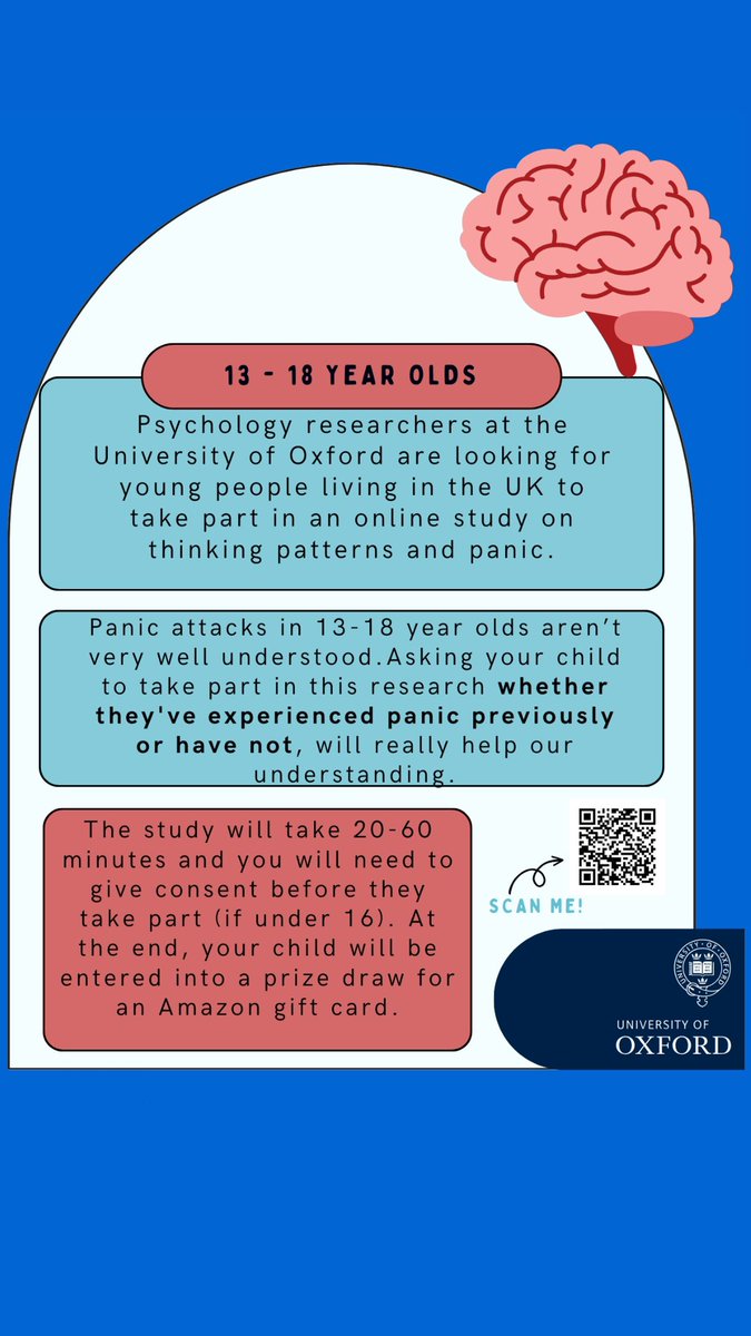 Parents/Guardians of 13-18 year olds:

Researchers at Oxford University are looking for teenagers who do/don’t experience panic attacks to answer questions in an online study which takes 20-60 mins. They can enter a prize draw to win an Amazon voucher. 

oxfordxpsy.az1.qualtrics.com/jfe/form/SV_af…