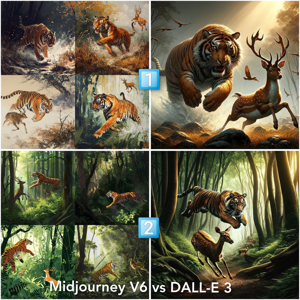 It is still not possible to make a tiger chase a deer in a believable way on Midjourney V6!

Prompts used: 

1️⃣ Tiger chasing a deer --s 0 --v 6.0

2️⃣ A tiger chasing a deer through a dense forest. The scene captures the intense moment with the tiger in mid-leap, its stripes…