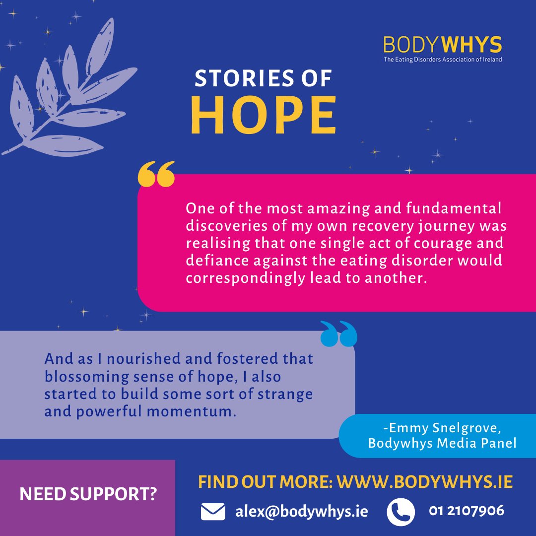 📣 Thank you Emmy for sharing your story. 'One of the most amazing & fundamental discoveries of my own recovery journey was realising that one single act of courage & defiance against the eating disorder would correspondingly lead to another.' Read more: bodywhys.ie/a-story-of-hop…