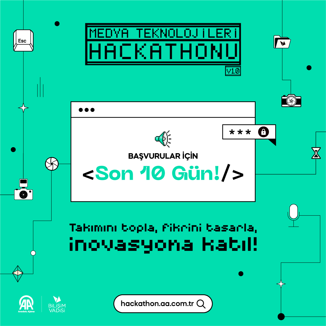 🚀Medya Teknolojileri Hackathonu başvuruları için son 10 gün!🏃🏻🏃‍♀️💻

Siz de yaratıcılığınızı teknolojiyle birleştirin, inovasyona katkıda bulunun.

Katılımınız ve yaratıcılığınızla hackathona renk katın!💻🚀

🌐Başvuru için tıklayın: hackathon.aa.com.tr