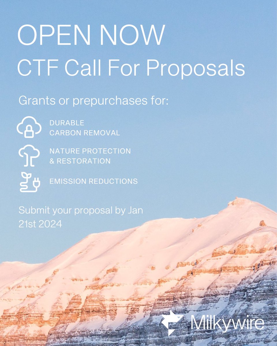 Do you know of a climate project that should get funding? Today @milkywire opens our Climate Transformation Fund's 2024 Call for Proposals. We focus on three pillars: Durable Carbon Removal, Nature Restoration & Protection, and Emission reductions. We’re looking for projects…