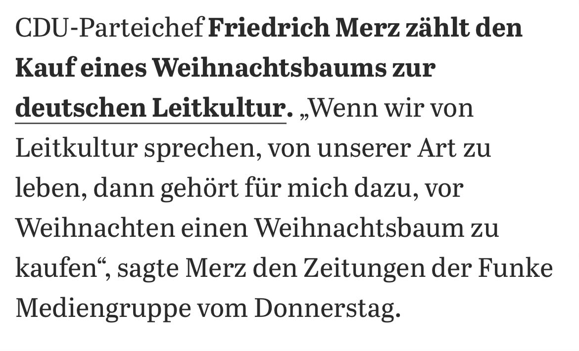 After all the discussion of foreigners not making Jews feel welcome in Germany, the leader of the CDU has declared that Christmas trees are part of German culture or 'Leitkultur'