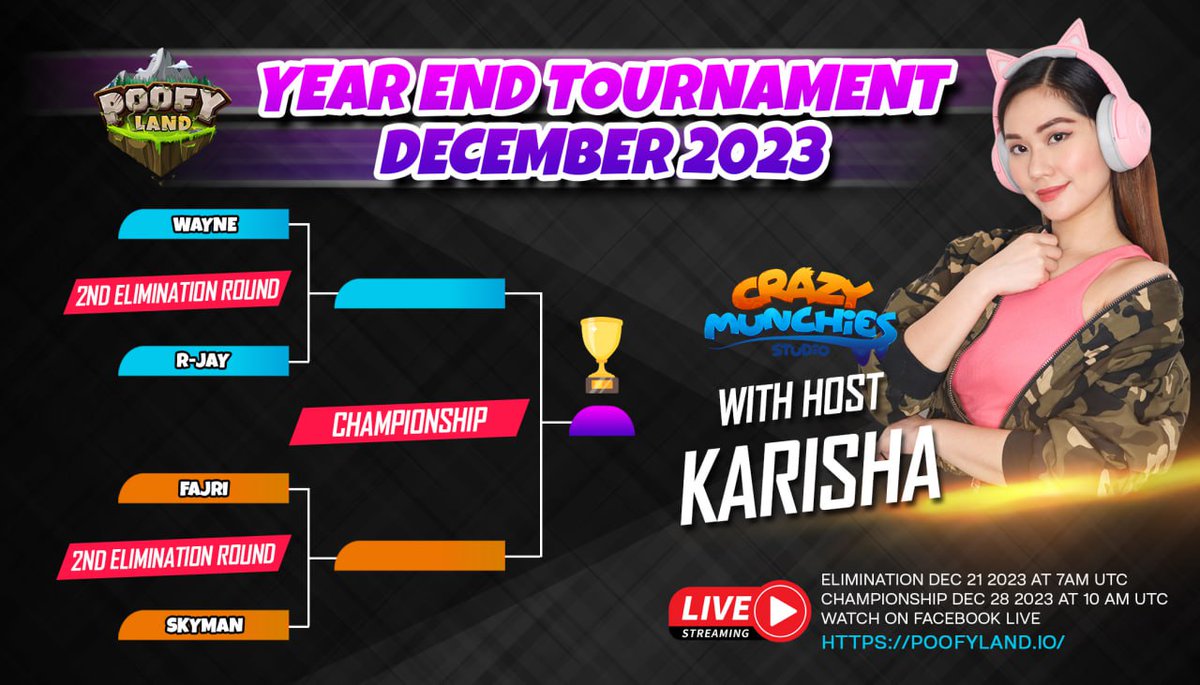 🔥 Poofyland Championship Update! 🔥

🏆 Official Championship Qualifiers:

Wayne
R-Jay
Fajri
Skyman

🎮 Witness the Ultimate Showdown!
Mark your calendars for the Championship on December 28th! Who will emerge as the top Poofy #PoofylandChampionship #RaffleWinners