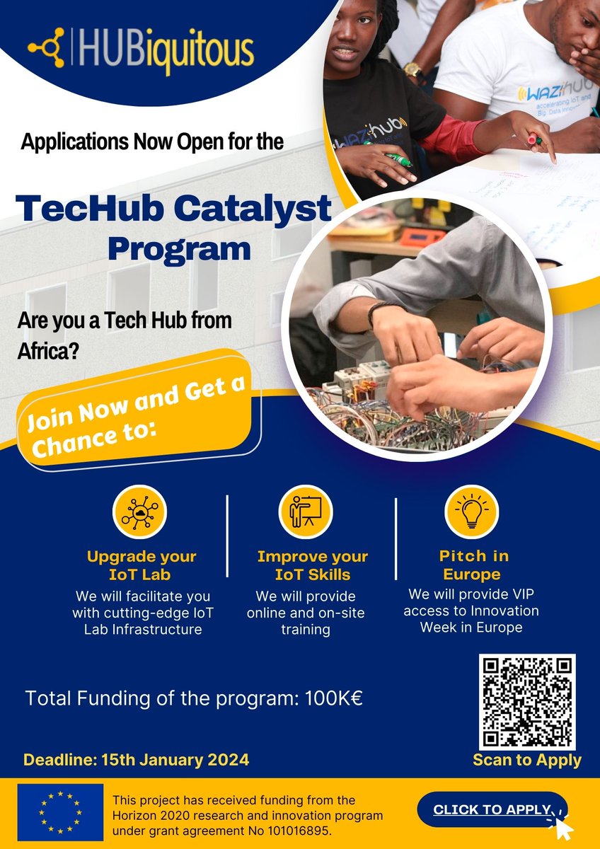 Africa's Tech Hubs📢, it's your time to shine! The TecHub Catalyst Program is open! Get exclusive training, IoT kits, €10k, & global exposure. Apply now & join the revolution! hubiquitous.eu/techhub-cataly… #hubiquitous #Africa #Rwanda #Nigeria #Ghana #afrilabs #orangedigitalcenter