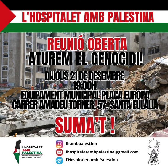 Aquesta tarda, a partir de les 19h, acollim al nostre local la reunió oberta del Comitè de Solidaritat amb #Palestina de #LHospitalet

El #MovimentVeïnal de #LHospitaletAmbPalestina

#CeasefireNOW 
#AturemelGenocidi🇵🇸

#SomSantaEulàlia