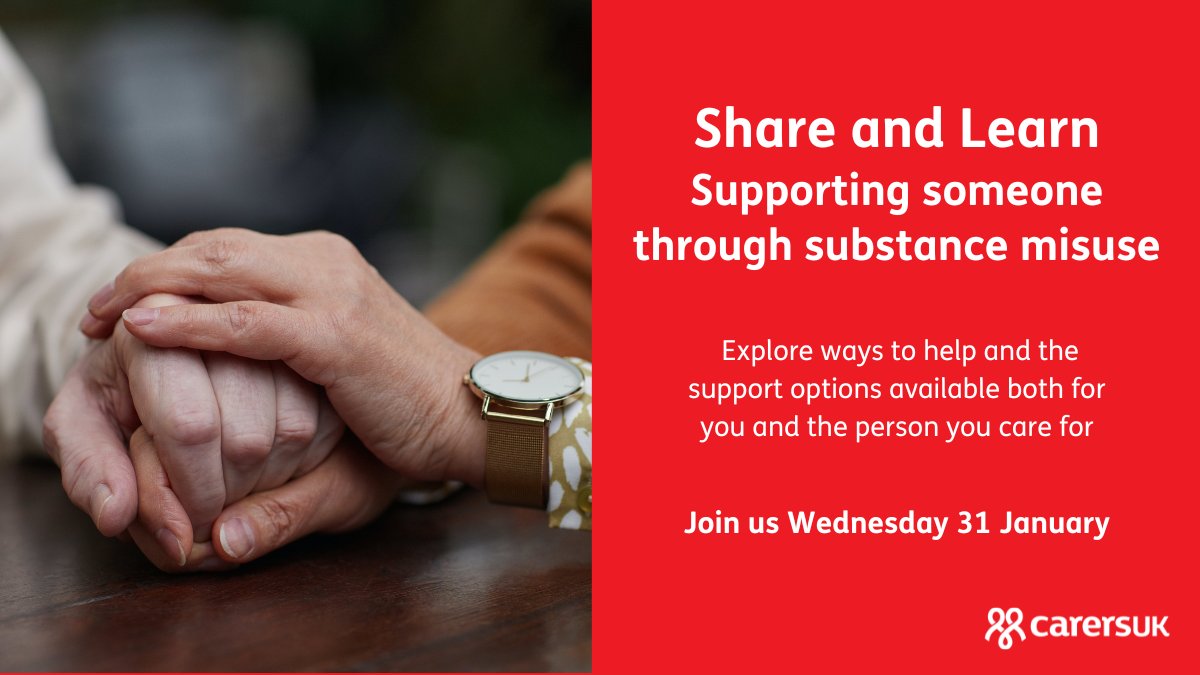 Supporting someone through substance misuse can be challenging. Our Share and Learn session with @changegrowlive will offer support on issues related to caring for someone struggling with drugs or alcohol, and ways to help. Join us Wednesday 31 January: carersuk.org/help-and-advic…