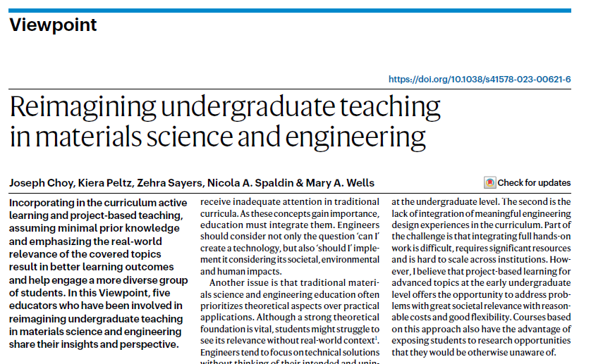 Our Viewpoint on reimagining undergraduate teaching in materials science and engineering is now online! <a href="/josephtychoy/">Joseph Choy</a>, <a href="/KieraPeltz/">Kiera Peltz</a>, <a href="/sayers_zehra/">Zehra Sayers</a>, <a href="/NicolaSpaldin/">Nicola Spaldin</a> &amp; Mary Wells share their insights and perspective: rdcu.be/duaDT An inspiring read!