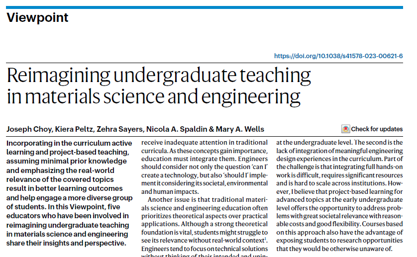 Our Viewpoint on reimagining undergraduate teaching in materials science and engineering is now online! @josephtychoy, @KieraPeltz, @sayers_zehra, @NicolaSpaldin & Mary Wells share their insights and perspective: rdcu.be/duaDT An inspiring read!