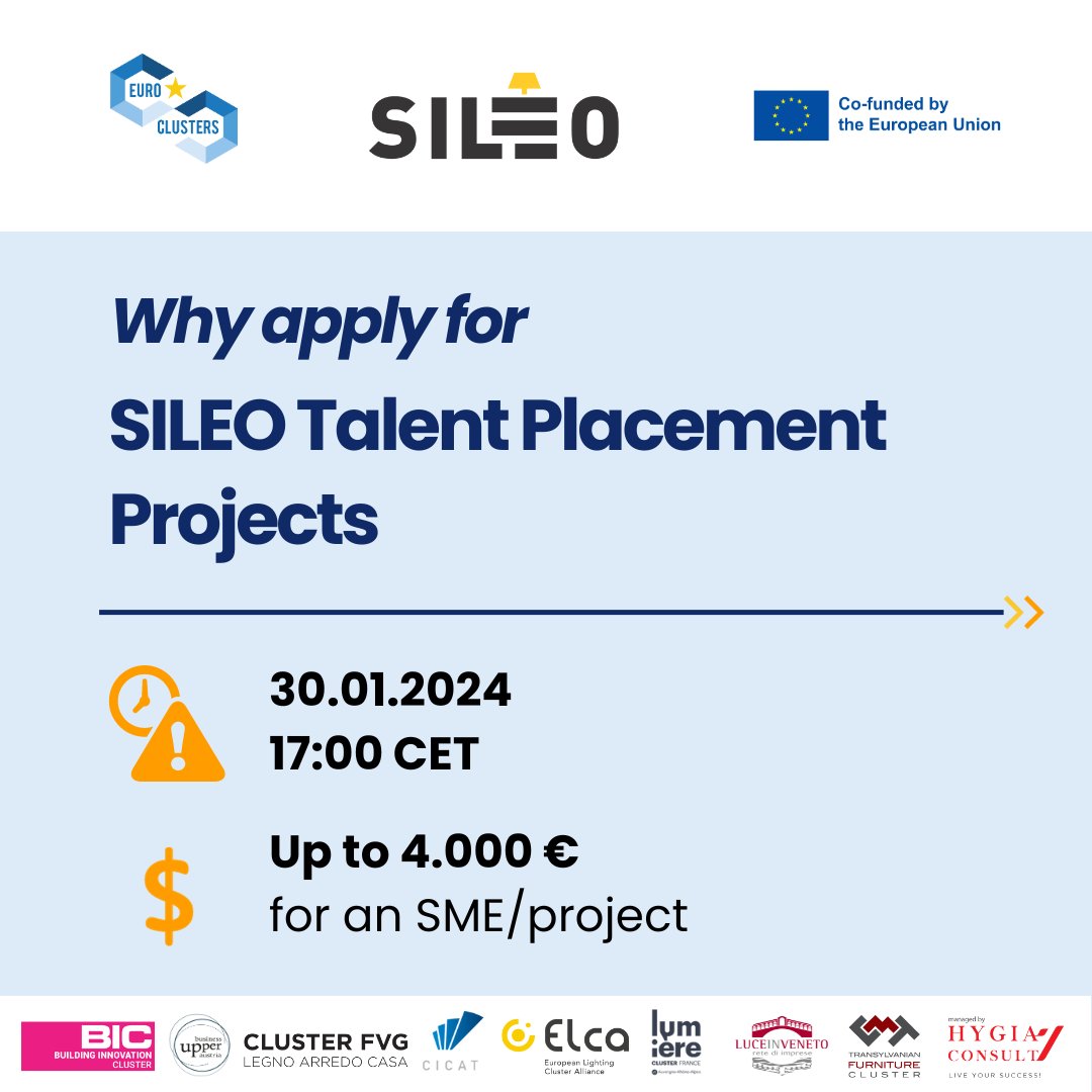 ⏰REMINDER: #SILEO OpenCall for Talent Placement Projects will close on 30.01.2024! 
🔎Discover the opportunities for #SMEs to bring fresh #talents into the company and for #professional individuals to collaborate within an innovative business environment! clustercollaboration.eu/content/remind…