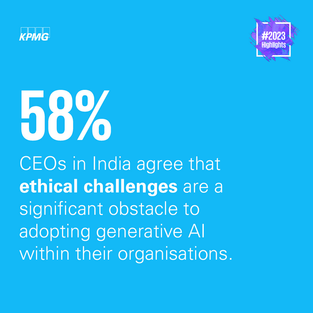 CEOs in India are worried about the potential risks #generativeAI could introduce and the #ethicalissues that may arise with the use of the #technology. More insights in the KPMG 2023 India #CEOOutlook social.kpmg/IndiaCEOOutloo…