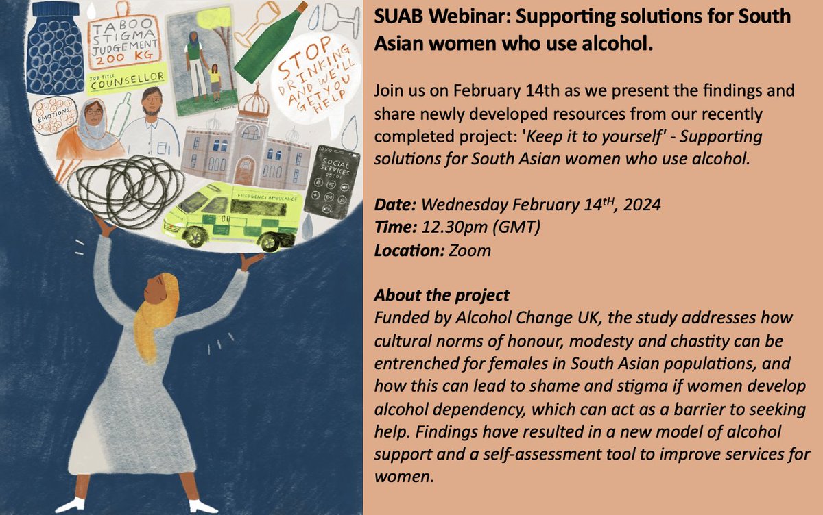 Join us on February 14th for our webinar discussing the findings and presenting resources from our @AlcoholChangeUK funded project 'Keep it to yourself' Supporting solutions for South Asian women who use alcohol. Register here: forms.office.com/e/YAzeGgavew