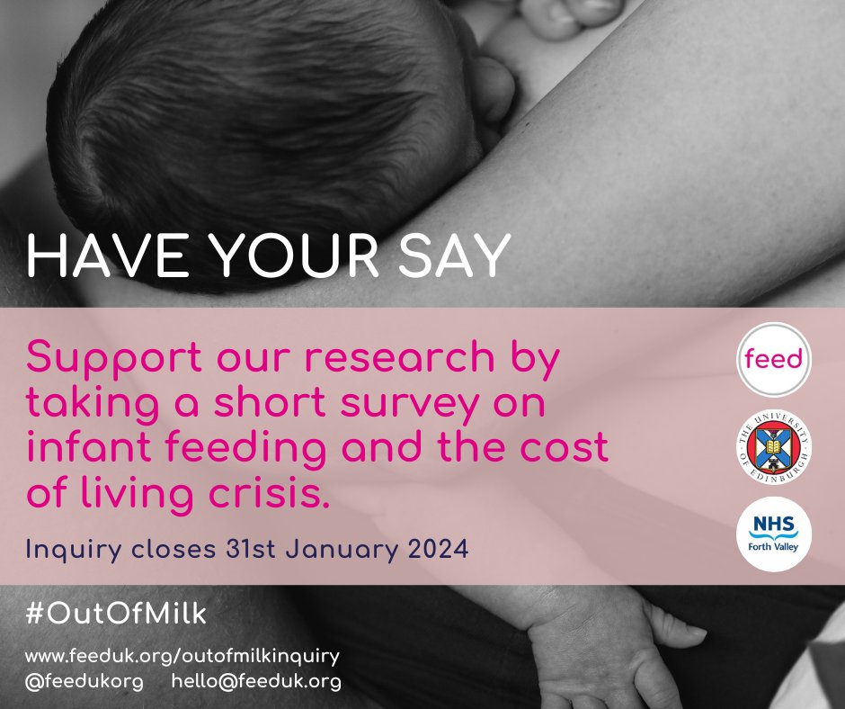 If you have a baby aged 12mo or under, or you work with families with infants, Feed needs you! Today we launch our #OutOfMilk inquiry into the impact of food insecurity on infant feeding in the UK. You can respond by completing a wee survey: feeduk.org/outofmilkinqui… Pls share x