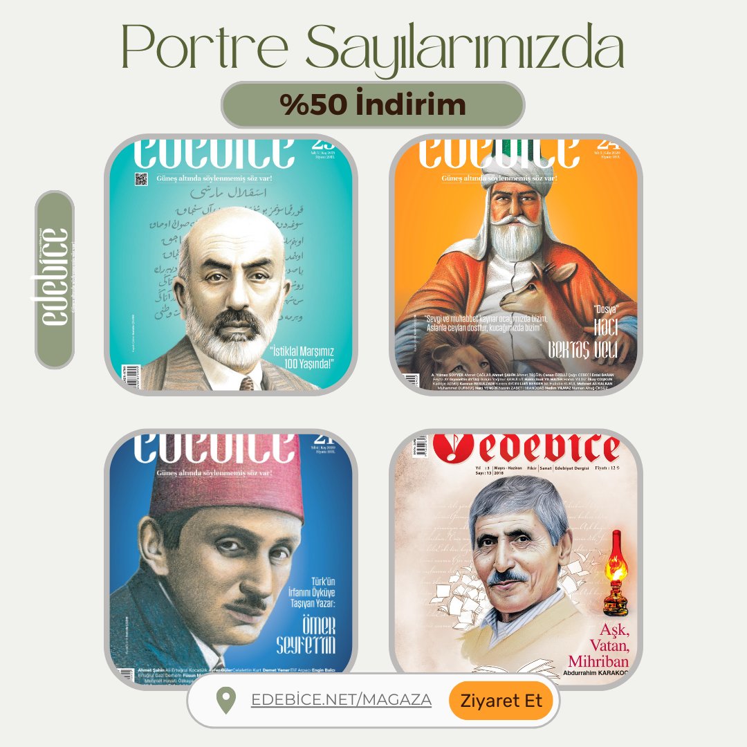 Türk edebiyatının önemli simaları için hazırladığımız portre sayılarımıza çok uygun fiyatalara sahip olabilirsiniz. Görseldeki 4 sayı sadece 38 TL. Diğer sayılarımız için edebice.net/magaza adresini ziyaret edebilirsiniz.#edebice #ömerseyfettin #abdürrahimkarakoç #mehmetakif
