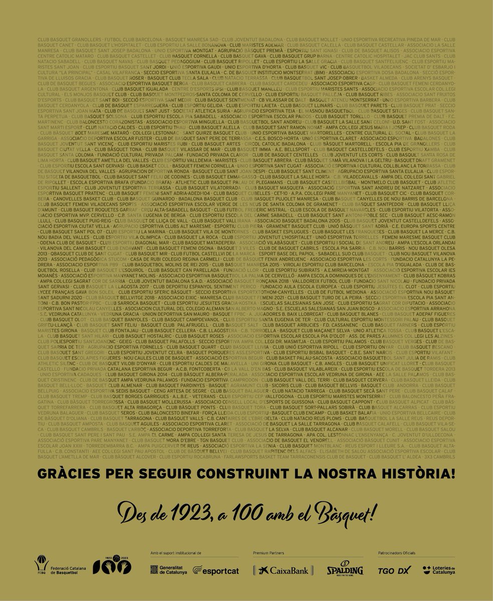 👏 Gràcies clubs i entitats afiliades per seguir construint la nostra història!

El Centenari del Bàsquet Català, un esdeveniment històric de tothom i per a tothom.

💯 #a100ambelBàsquet🏀

➡️ basquetcatala.cat/noticies/10407
🏀 Imatge: basquetcatala.cat/document/getdo…
