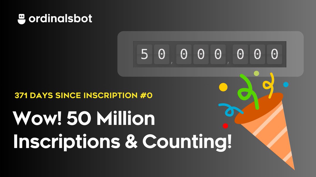 50 MILLION inscriptions in just 371 days since Inscription #0! Through highs and lows, our community has thrived 🧡 🥳

Shout out to all the projects, artists, collectors, builders, inscribers, influencers, and legends from the ordinals space! 🫡

🌟 Inscription Milestones:

1M: