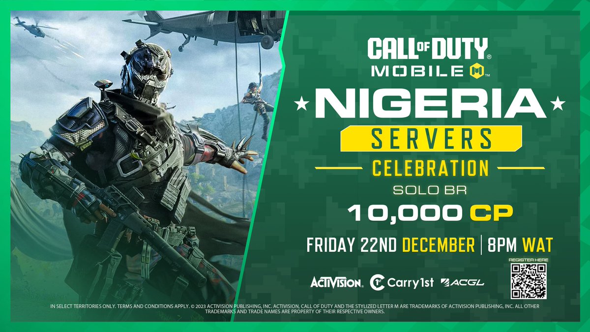 jointribe_gg's tweet image. 🚀 Exciting news! 🇳🇬 

To mark the launch of CODM servers in Nigeria, we&apos;re hosting a Battle Royale Solo Tournament this Friday. 🎮 Join the celebration and compete for a prize pool of 10,000 CP! 🏆 

Secure your spot at acgl.gg/c1st-codm/t/10….

 #codmNG #CODM