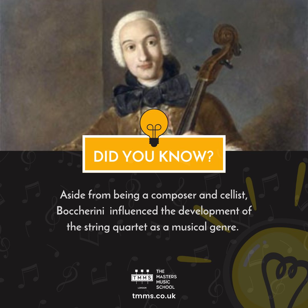 Aside from his remarkable talent as a composer and cellist, Luigi Boccherini left an indelible mark on the evolution of the string quartet as a musical genre. 

#luigiboccherini #classicalmusic #TMMSMasterOfTheWeek 

Click the link to read the full post! bit.ly/42Fik52