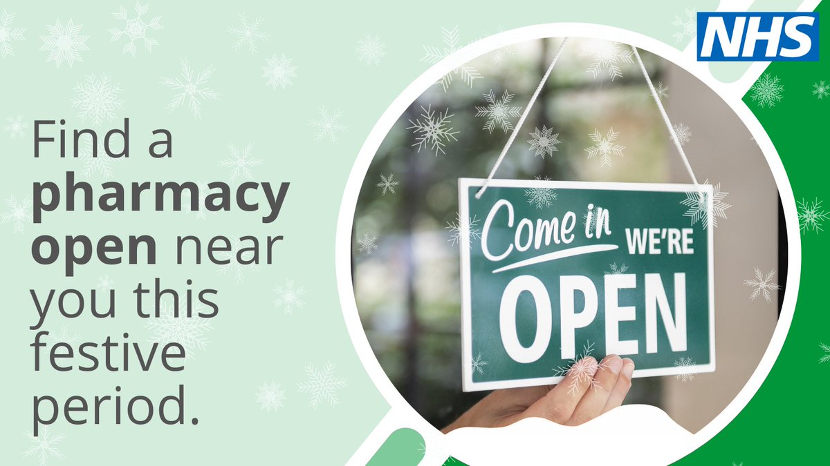 Some pharmacies might have different opening hours over Christmas &amp; New Year.

Search ‘Find a pharmacy NHS’ or click below to find an open pharmacy near you.

Find a pharmacy - NHS (nhs.uk)

#thinkpharmacy⚕️💉💊 #pharmacyfirst
