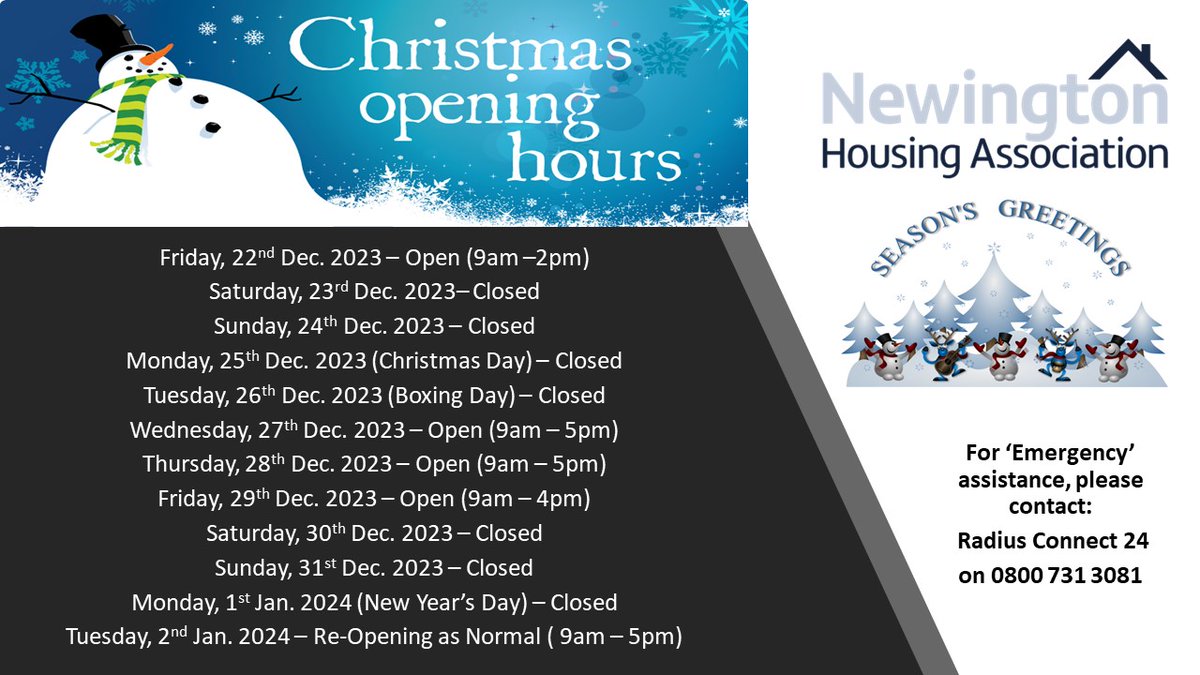 INFORMATION FOR OUR TENANTS, STAKEHOLDERS & COMMUNITY PARTNERS REGARDING OUR OFFICE OPENING/CLOSURE TIMES DURING THE UPCOMING CHRISTMAS PERIOD