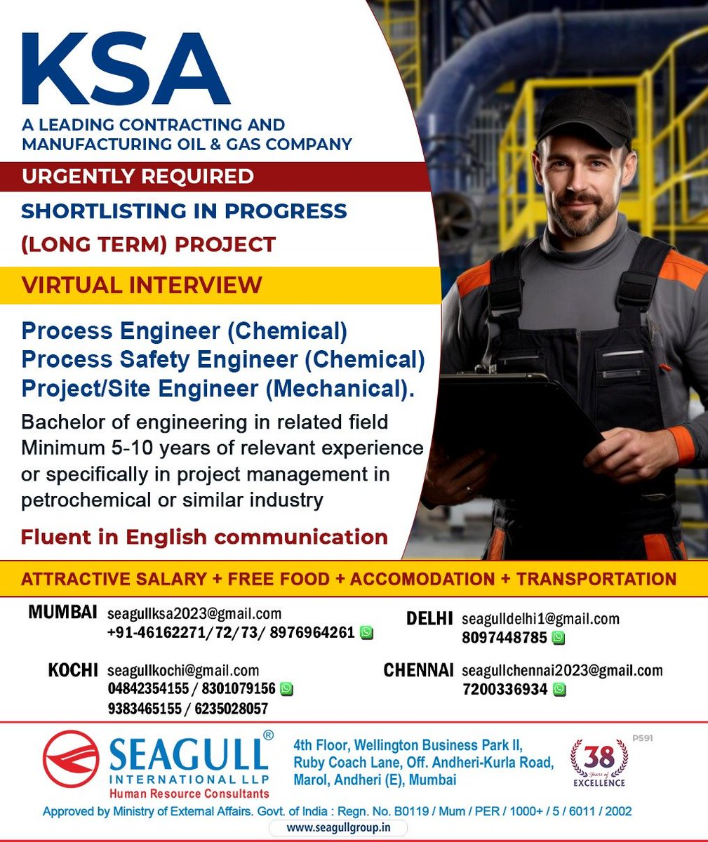hrd1_seagull's tweet photo. πΈπ¦ Jobs in KSA
π» Virtual Interview
π Shortlisting In Progress
βΌοΈ Long Term Project - Urgent Requirement
π Location - Mumbai ,Delhi , Kochi , Chennai
.
.
.
#ksajobs #mumbaijobs #delhijobs #kochijobs #chennaijobs #processengineer #processsafetyengineer #projectsiteengineer https://t.co/jE9p4vgVXm