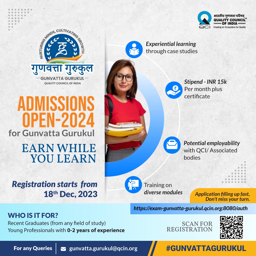 Application filling up fast. Don't miss your chance to earn while you learn. Click here to apply: exam-gunvatta-gurukul.qcin.org

#GunvattaGurukul #Learning #Knowledge #IndustryReady #EarnWhileYouLearn #QCI #NABH #NABL #NABCB #NBQP #NABET
