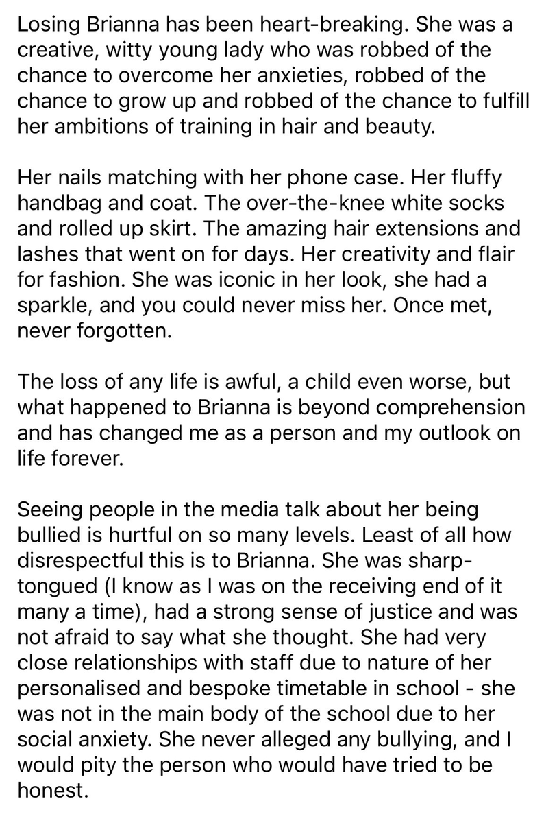 MxVivianWulf's tweet image. The statement by the headteacher of Brianna Ghey whose twitter I will not be linking so as to delay the time before it is descended upon by the cult o9f rabid transpohobes that infest this place.

It's beautiful and it changes what we were told by the transphobic press about her-