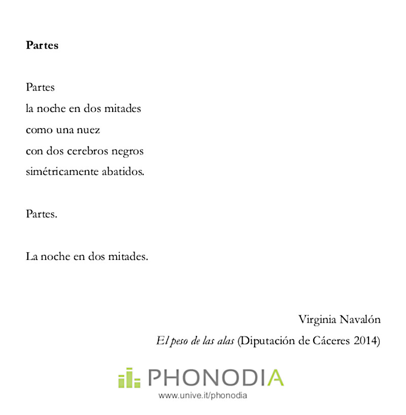 'Partes', Virginia Navalón
pric.unive.it/progetti/phono…

#VirginiaNavalón #poeta #poesía #poema #partes #elpesodelasalas #diputacióndecáceres