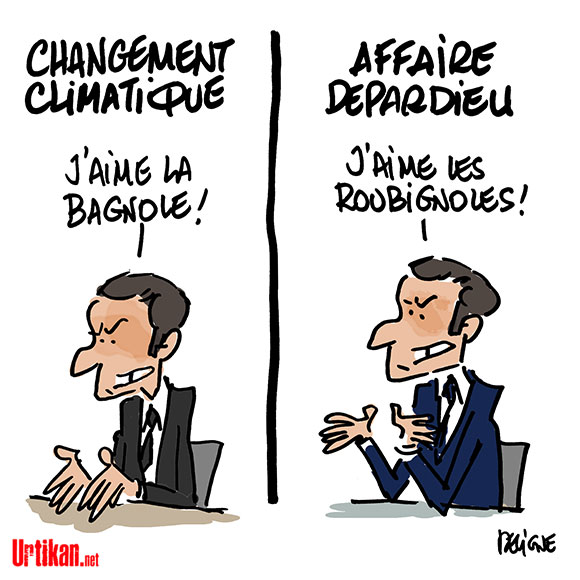 Affaire Depardieu : Emmanuel Macron dénonce une « chasse à l’homme », des propos qui ne passent pas. #DessinDePresse de @fdeligne sur Urtikan.net #EmmanuelMacron #Macron #Depardieu #gérarddepardieu #Président #Acteur #france #affairedepardieu #violencesauxfemmes