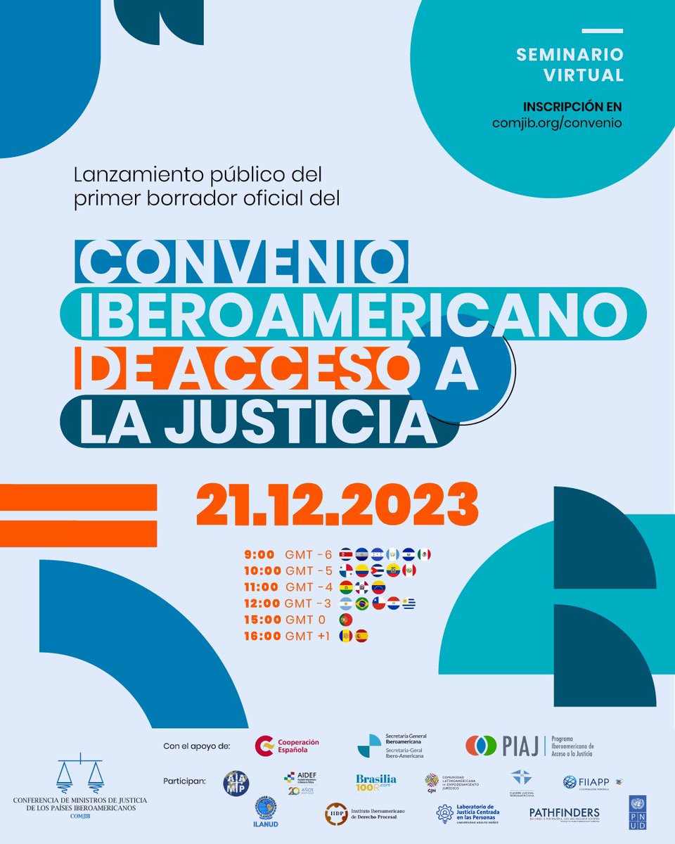 Hoy a las 16:00 se presenta el primer borrador del Convenio Iberoamericano de #AccesoALaJusticia. Inscríbete en el Seminario Virtual y aporta tus ideas por una justicia centrada en las personas y comunidades. Inscripción👉🏻comjib.org/Convenio #ParaTomarseLosDerechosEnSerio.