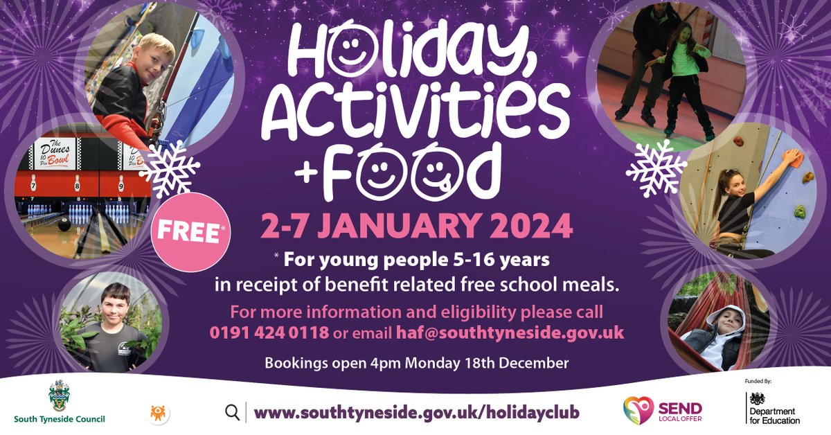 Book NOW for the South Tyneside Winter Holiday, Activities and Food Programme! Free places available for children/young people who meet the eligibility criteria. Find out more here: southtyneside.gov.uk/holidayclub
