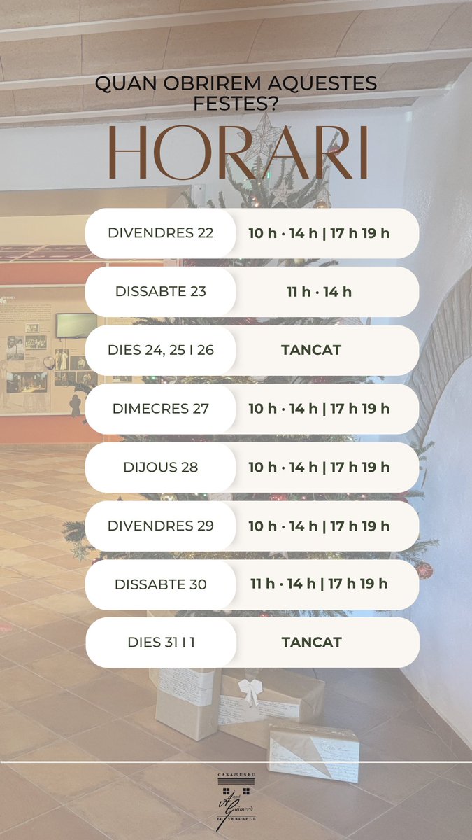 🗓️ Apunteu-vos bé els horaris d'aquestes festes per venir a jugar amb el poema de Nadal, les receptes de Guimerà i el joc de pistes!🧩

#EstimemLaCultura #museusdelvendrell #elV #ÀngelGuimerà