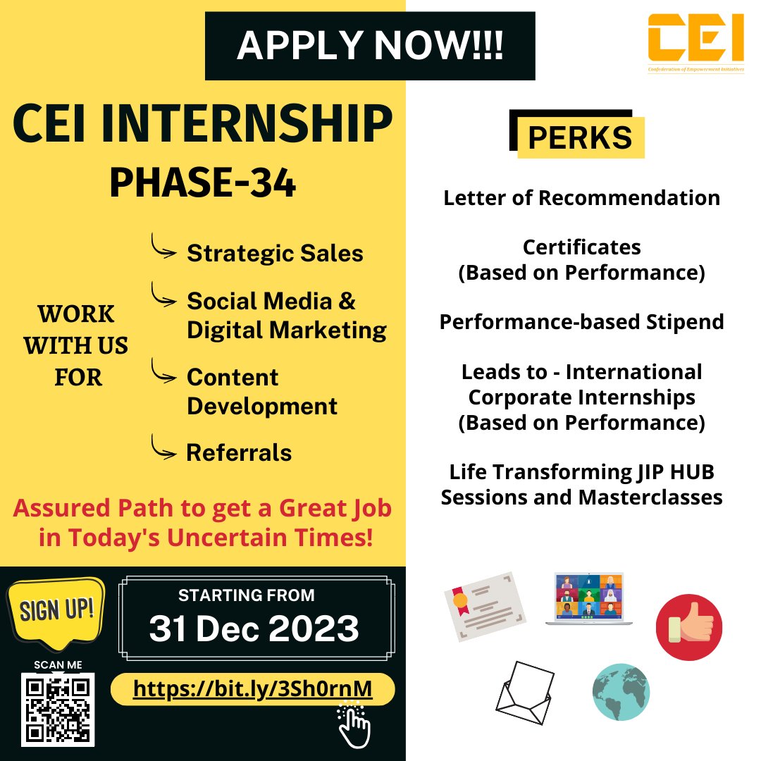 Applications open for CEI Internship Phase-34!!!

Apply on this link: bit.ly/3Sh0rnM (or scan the QR code on the poster)

#internshipalert #students #career #jobs #placements