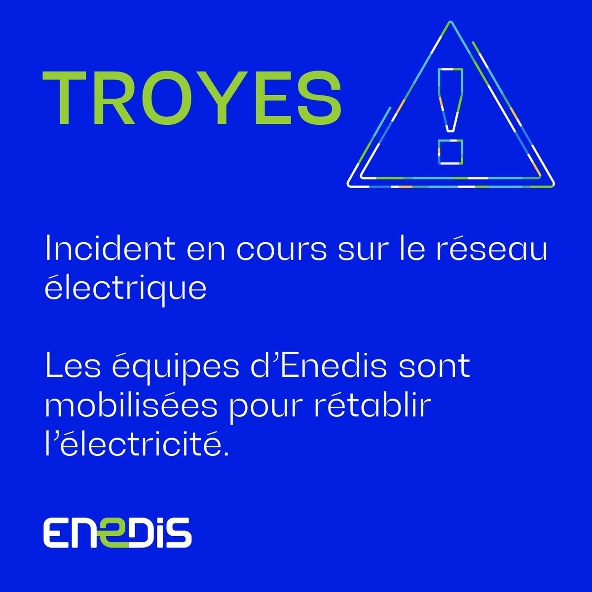 Enedis en Champagne-Ardenne (@enedis_car) on Twitter photo ➡Un incident sur le réseau électrique est en cours sur le secteur de Champeaux à Troyes.
👷🏻♀️👷🏻♂️Les équipes d'<a href="/enedis_car/">Enedis en Champagne-Ardenne</a> sont mobilisées pour rétablir l'électricité.
Retour à la normale prévue vers 19h30
<a href="/VilledeTroyes/">Ville de Troyes</a> <a href="/chrispatrois/">Christine Patrois</a> ➡Un incident sur le réseau électrique est en cours sur le secteur de Champeaux à Troyes.
👷🏻♀️👷🏻♂️Les équipes d'<a href="/enedis_car/">Enedis en Champagne-Ardenne</a> sont mobilisées pour rétablir l'électricité.
Retour à la normale prévue vers 19h30
<a href="/VilledeTroyes/">Ville de Troyes</a> <a href="/chrispatrois/">Christine Patrois</a>