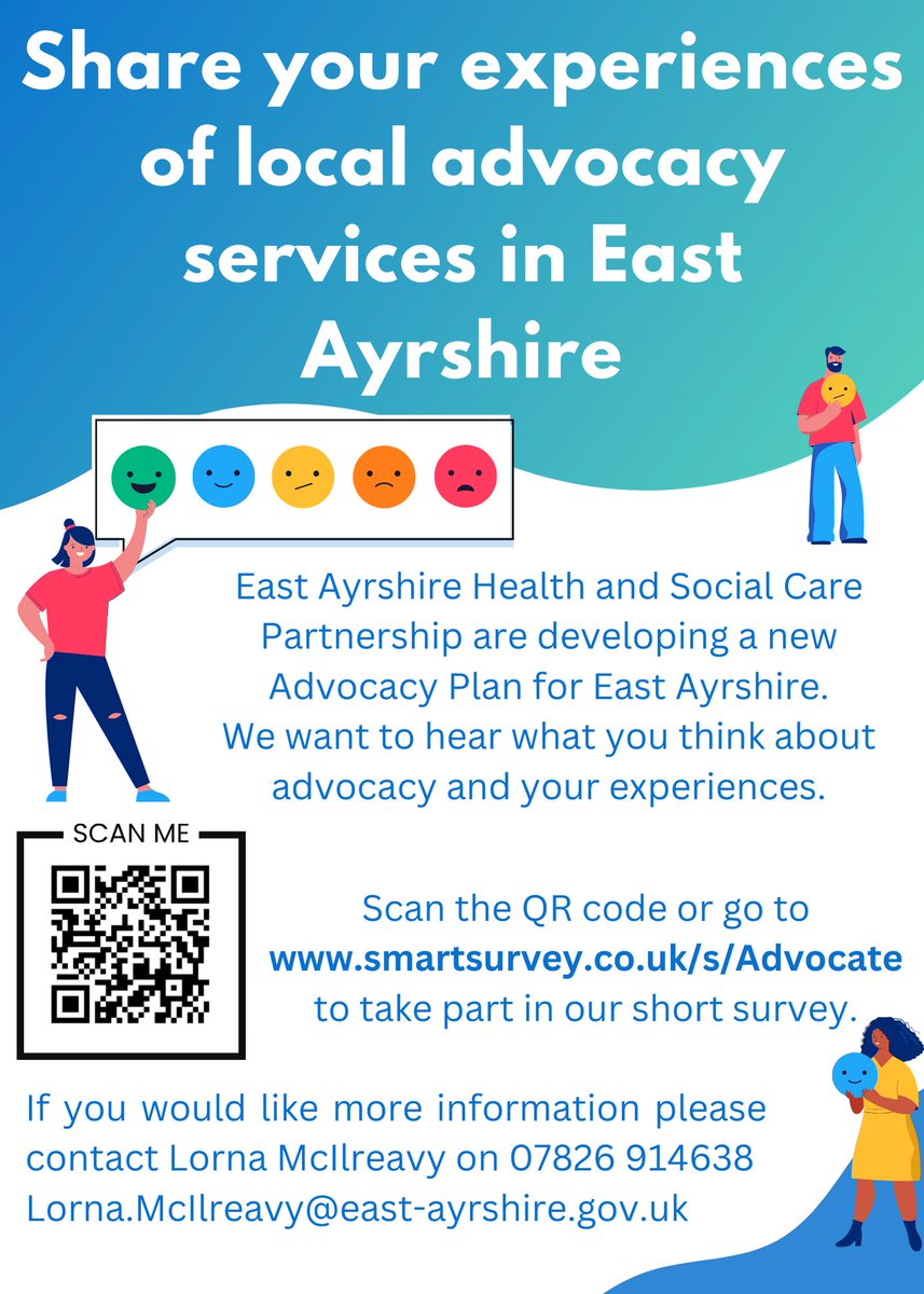 We're developing a new advocacy plan for East Ayrshire and want YOU to be a part of it.👳🏻‍♂️👨🏻‍🦰👵🏻👩🏽‍🦱 Click to complete our short survey and share your views. 👇🏻 smartsurvey.co.uk/s/Advocate For more info, contact Lorna McIlreavy ☎07826 914 638 👨🏻‍💻lorna.mcilreavy@east-ayrshire.gov.uk