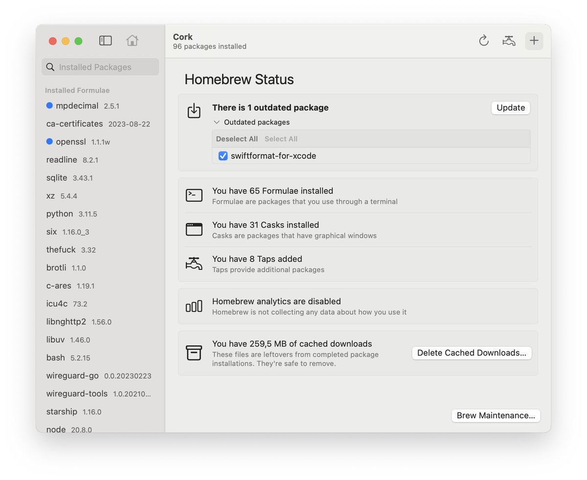 fatihiosdev's tweet image. Mac İpucu: Cork
Homebrew paket yöneticisini arayüz ile kullanmak isteyenler için geliştirilmiş bir uygulamadan bahsetmek istiyorum. 
Kullanıcı dostu arayüzü ile brew paketlerini yükleyebilir, güncelleyebilir ve yönetebilirsiniz.

corkmac.app

#Homebrew #PackageManager