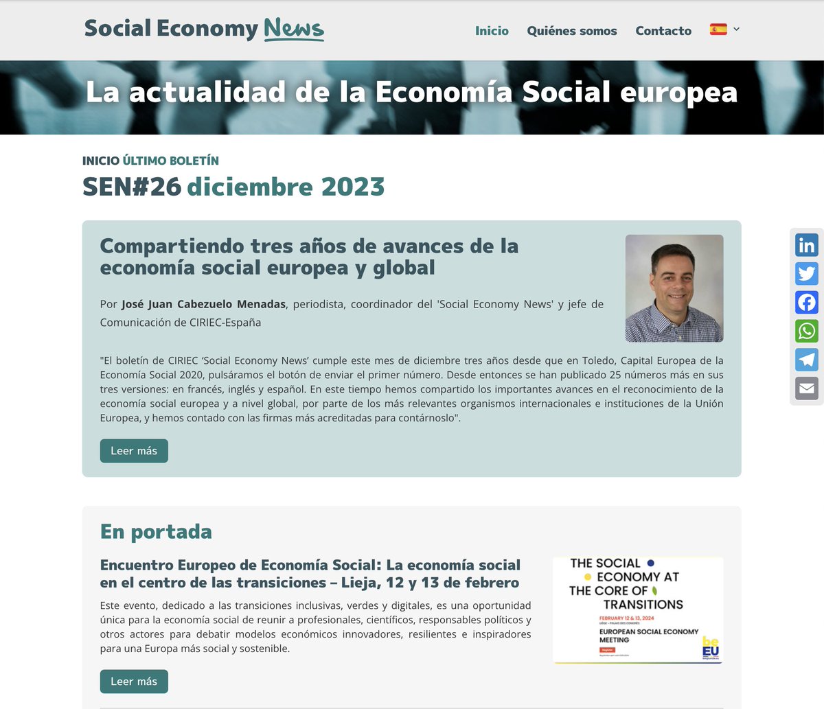 Compartimos nuevo nº del #SocialEconomyNews nuestro boletín ➕ global, haciendo balance de sus primeros 3 años de trayectoria con nuestro jefe de Comunicación, José Juan Cabezuelo Atención también a las nuevas convocatorias 😃 Nº completo: socialeconomynews.eu/es/ficha-bolet… #EconomíaSocial