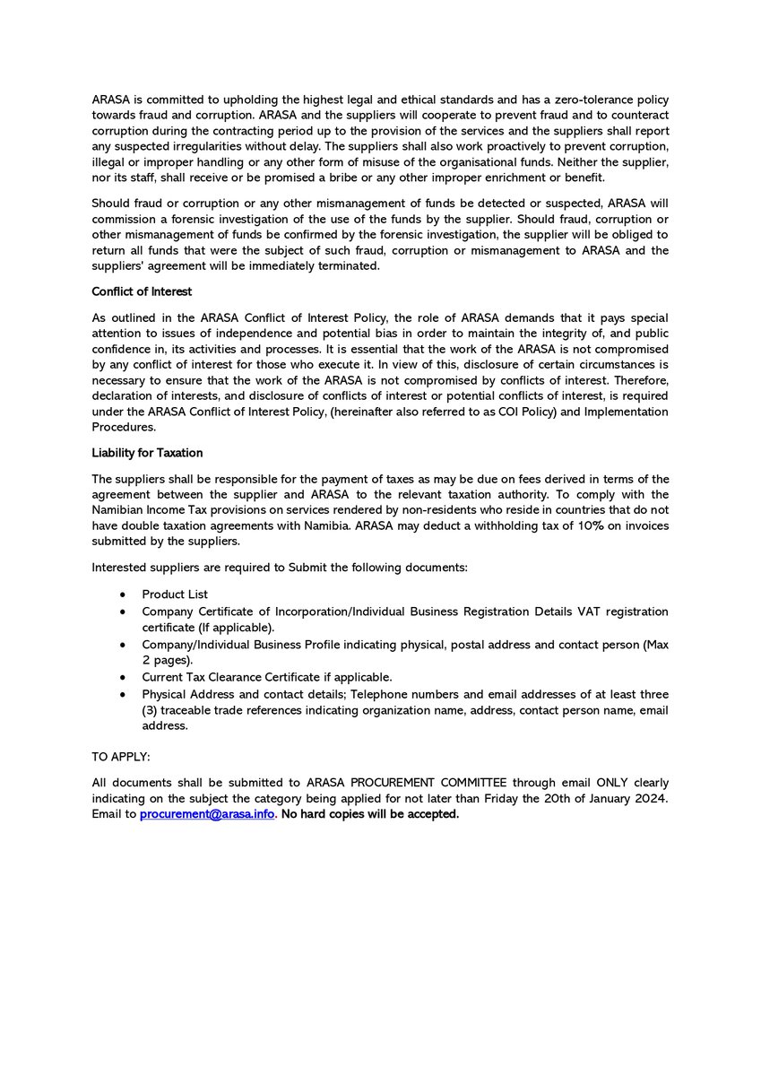 📢📢 @_ARASAcomms is inviting prospective suppliers of various goods & services to apply to be registered in our 2024-2026 Supplier List by no later than Friday the 20th of January 2024. Read more in the attached or following link: arasa.info/invitation-for…