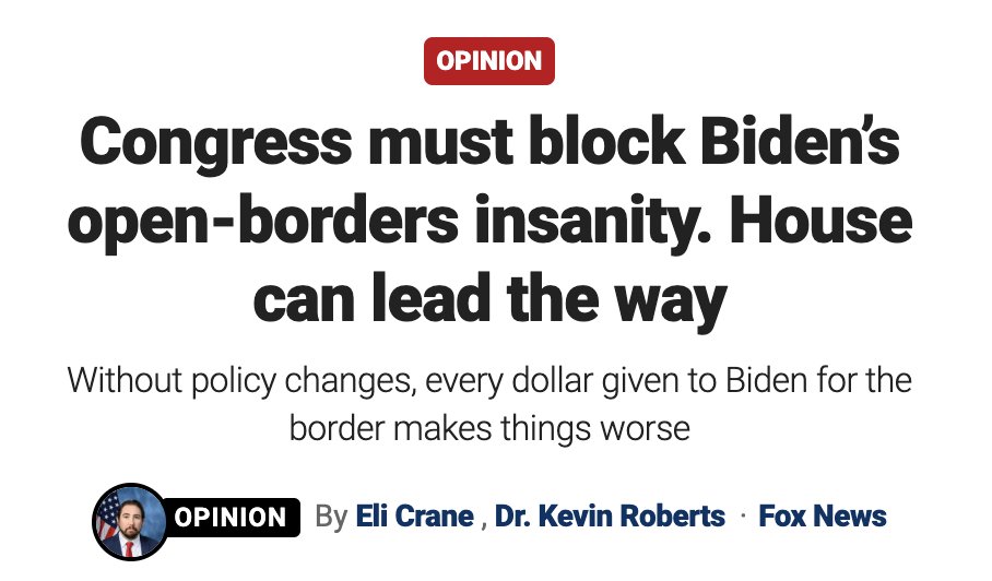 Failure to stand for real solutions represents complicity in the Biden admin’s destructive policies. The conservative movement must take action to force the gov. to do its job: protect the American people & secure the homeland. My latest w/ @RepEliCrane: foxnews.com/opinion/congre…