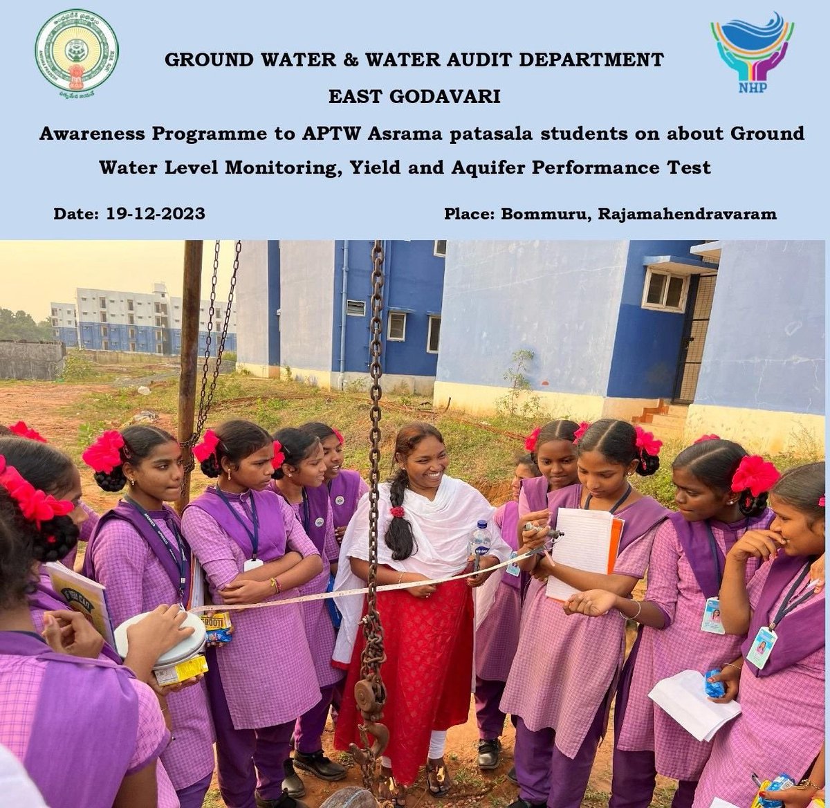 Conducted an #Awareness programme under #NationalHydrologyProject on basic groundwater concepts like its occurrence,measurement of #water level etc to AP Tribal Welfare Asrama Patasala Girls High School at Bommuru village, Rajamahendravaram East Godavari District.
@MoJSDoWRRDGR