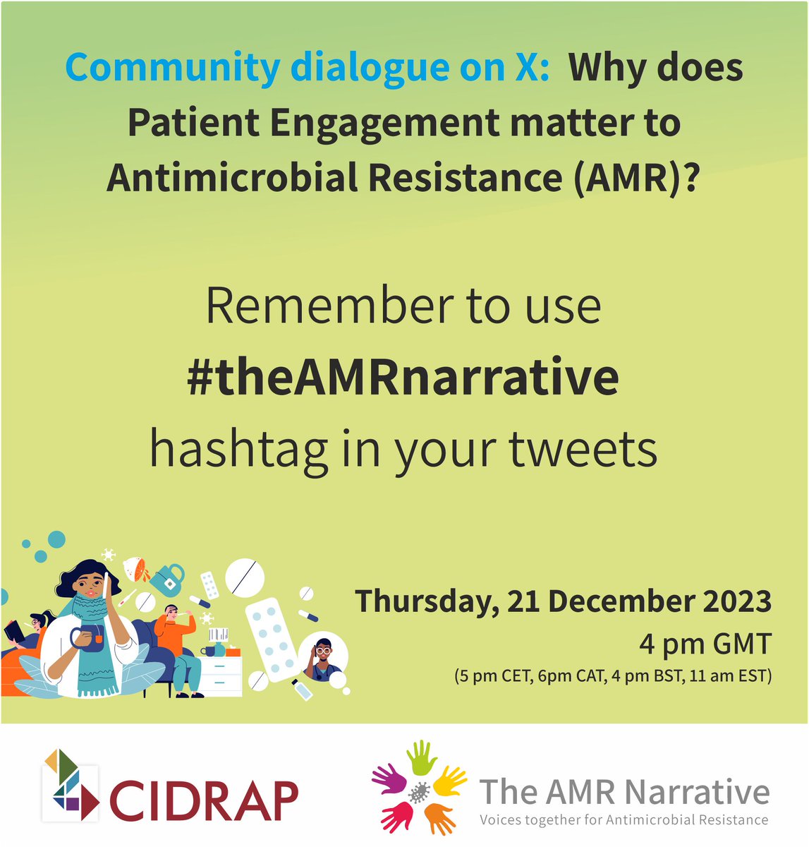 If you'll be joining our community dialogue at 4pm GMT (5 pm CET, 6 pm CAT, 11 am EST) remember to search for and include the hashtag #theAMRnarrative Everyone welcome! We will be exploring views around why Patient Engagement matters to Antimicrobial Resistance #AMR