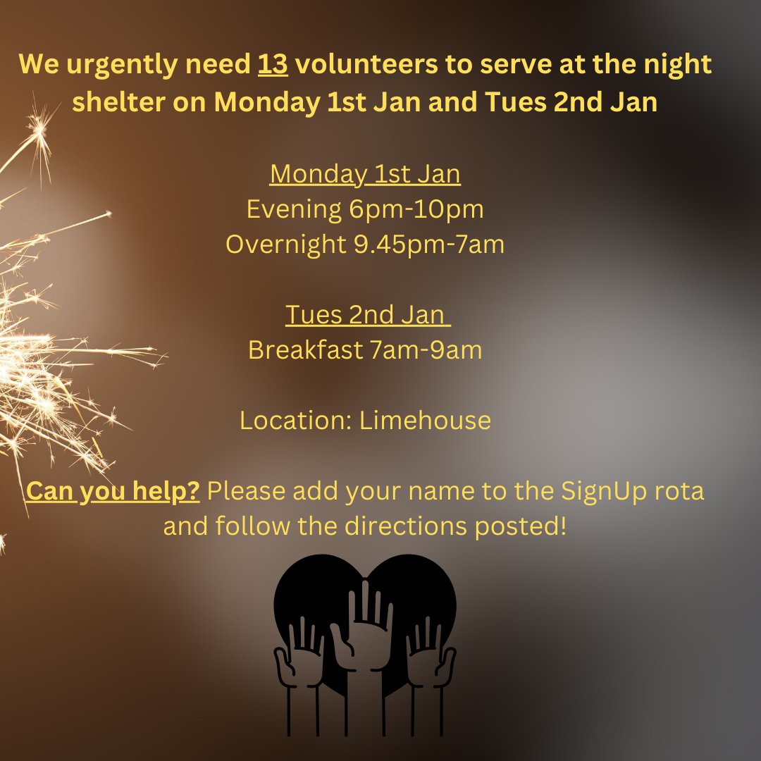 GrowTH (@growthshelter) on Twitter photo To serve the homeless this new year, please email naomi@thisisgrowth.org and add your name to the rota: signup.com/go/GLRopgL
Thank you and God bless! To serve the homeless this new year, please email naomi@thisisgrowth.org and add your name to the rota: signup.com/go/GLRopgL
Thank you and God bless!