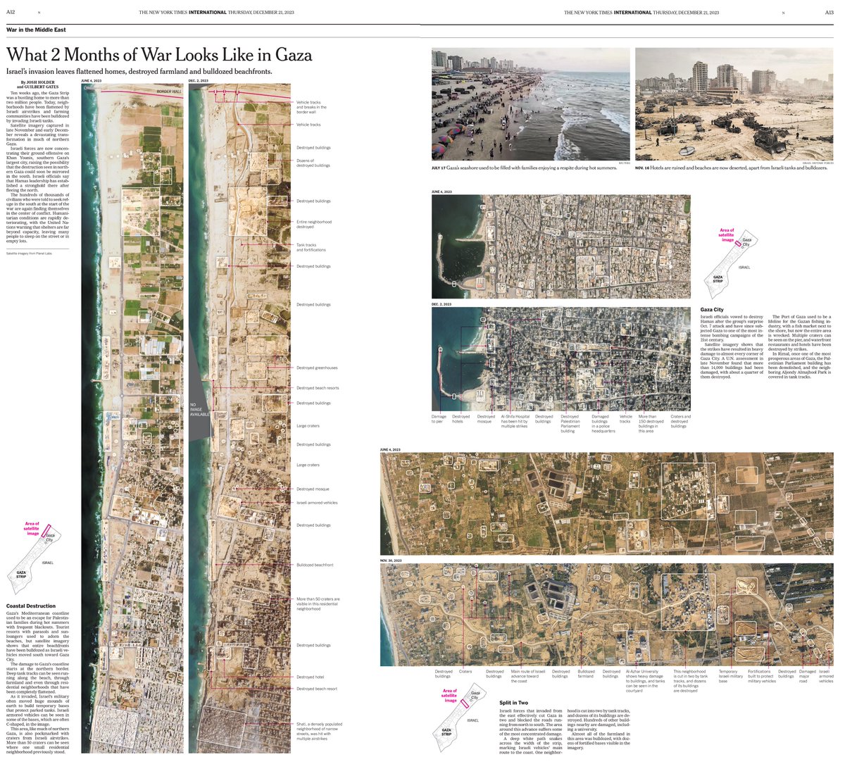 ‘What 2 Months of War Looks Like in Gaza’ is in today’s print @nytimes. Satellite imagery shows the dramatic transformation of three areas of Gaza, with flattened homes, tank tracks through farmland and bulldozed beachfronts.