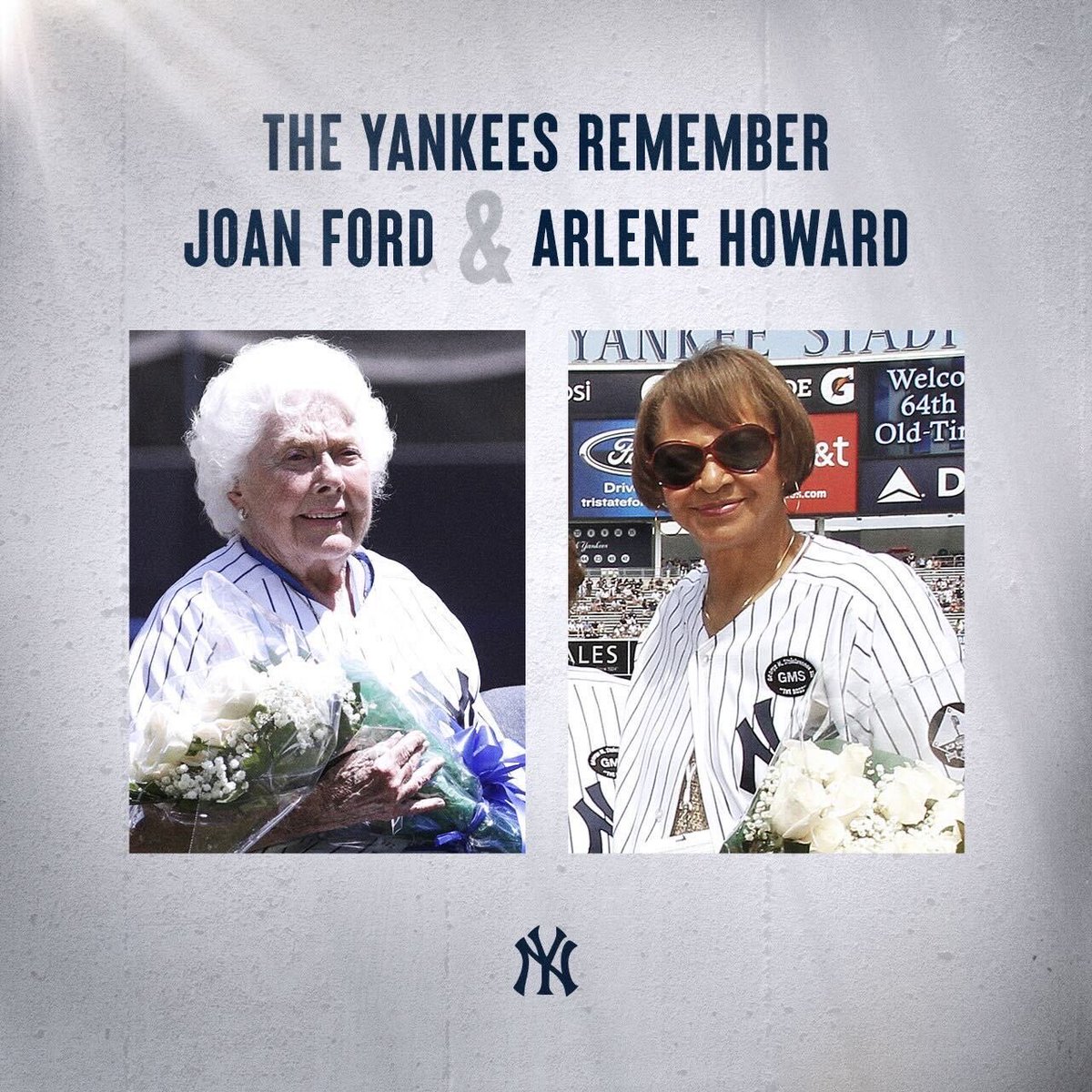 The Yankees mourn the loss of the wives of two Yankees legends, Joan Ford, wife of Whitey Ford, and Arlene Howard, the wife of Elston Howard. Both women were guests of honor at Yankees Old-Timers’ Days and carried on the legacies of their husbands. The Yankees offer our heartfelt