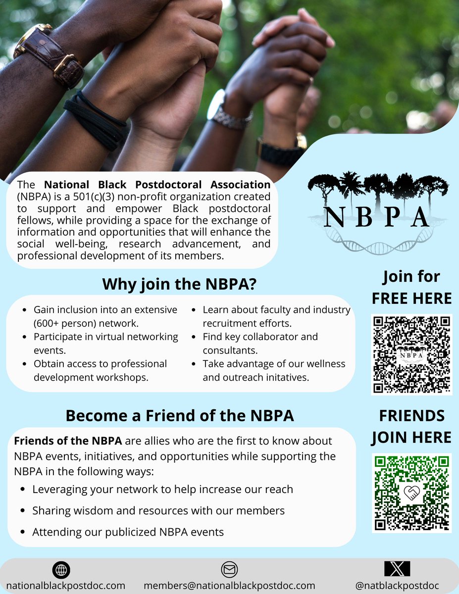 Support @natblackpostdoc!✨ Become a 'Friend of the NBPA' & join our MOVEMENT! Get exclusive updates on events & initiatives empowering Black postdocs🚀 📢 Share our mission, support our growth, & make a difference! ✊🏾 Sign up today 📝 forms.gle/ZMRFK7ips1HZhx… #AcademicTwitter
