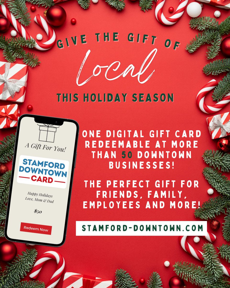 Need a last minute gift? Buy a Stamford Downtown Card, fun and easy to keep local spending local. The digital gift card is easy to purchase and send via email or text and your recipient can redeem the gift at more than 50 downtown businesses! BUY NOW >>> stamford-downtown.com/downtown-livin…