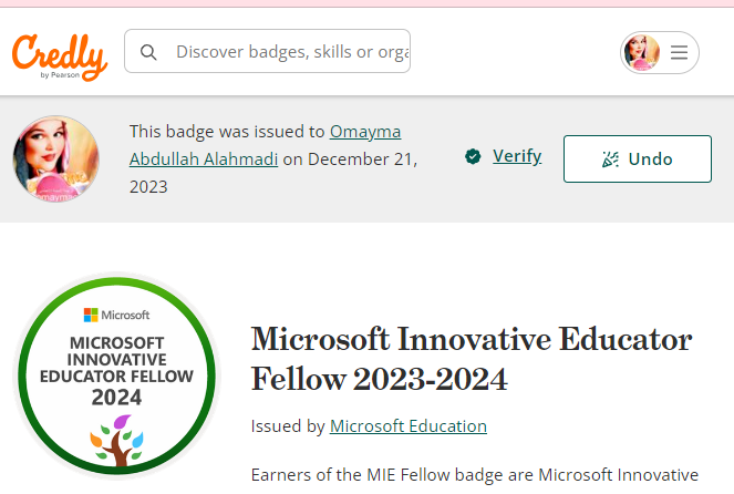 ولله الحمد والشكر تم اختياري كـ MIE Fellow لهذا العام 2024_2023 credly.com/badges/3d24100… كل كلمات الشكر والامتنان لا تفي حقاً ما تبذلونه من جهود #شكرا @abeermehdar لتقديم المشورة والتوجيه والمعرفة شكرا للدعم والمساندة @MicrosoftEDU @Microsoft_Saudi @moe_gov_sa